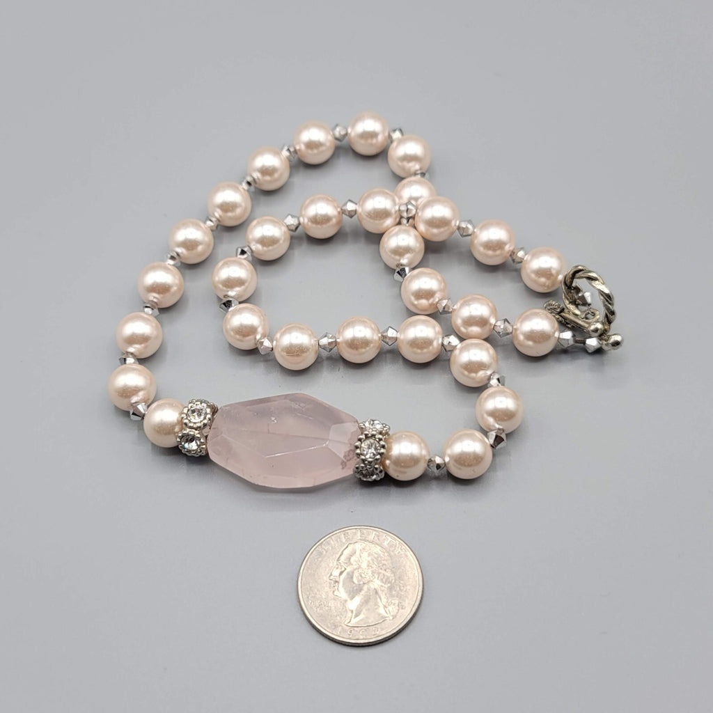 Pink Stone Bead Necklace Faux Pearl Silver tone Toggle Closure 18"