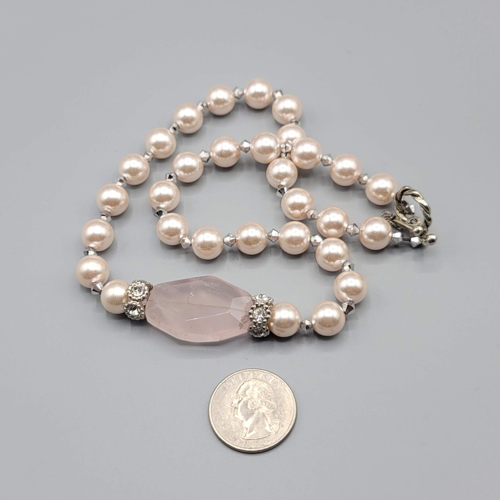 Pink Stone Bead Necklace Faux Pearl Silver tone Toggle Closure 18"