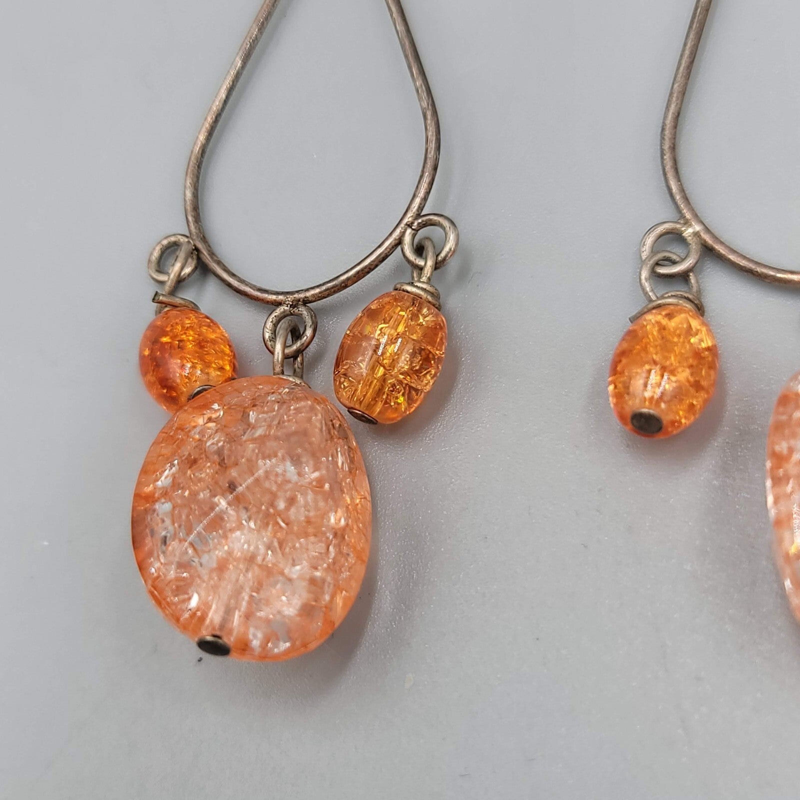 Confetti Orange Bead Pierced Earrings Silver tone Dangle 2.75"