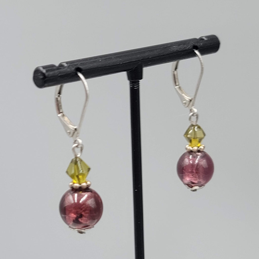 Glass Bead Pierced Earrings Purple Green Silver tone Dangle Leverback 7/8"
