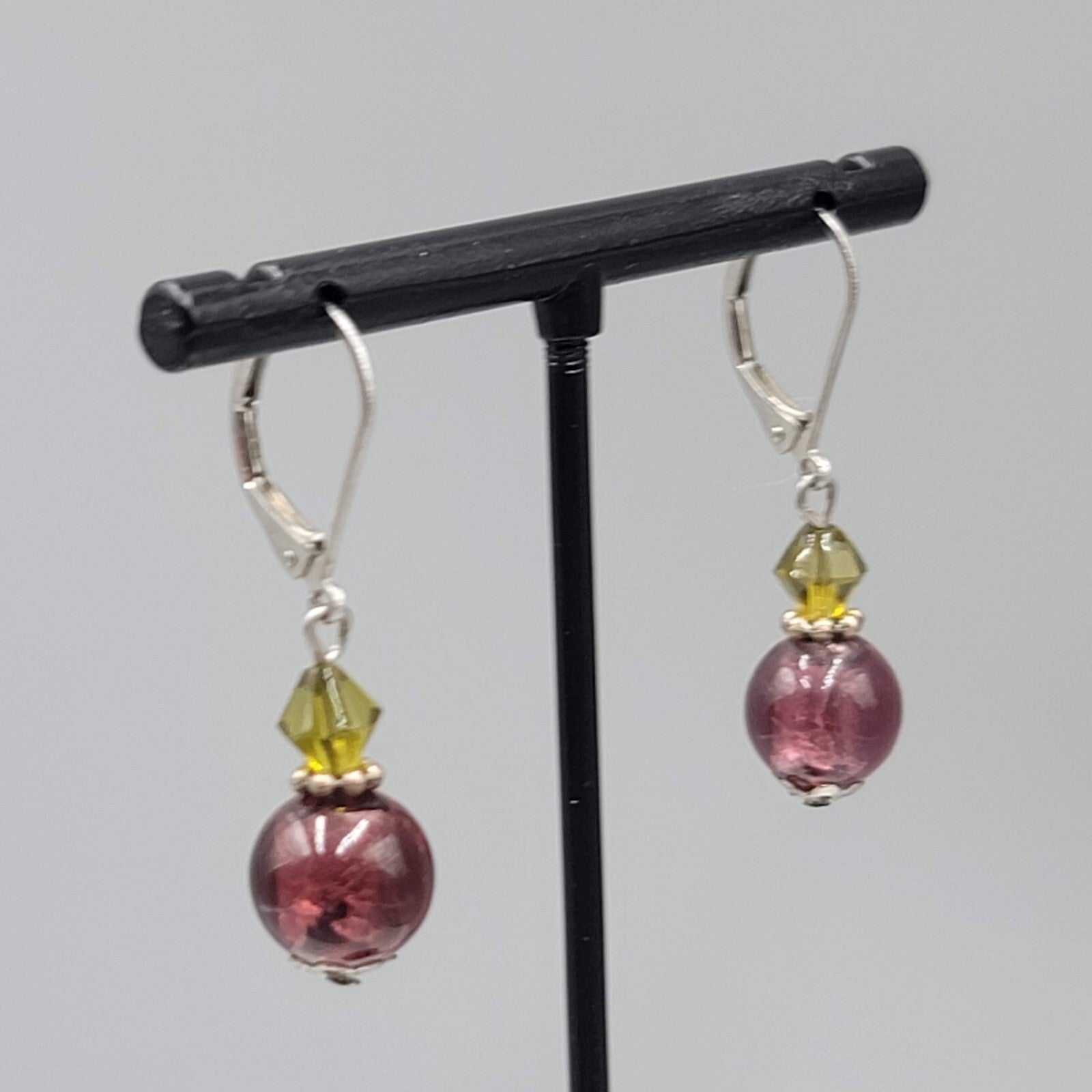 Glass Bead Pierced Earrings Purple Green Silver tone Dangle Leverback 7/8"