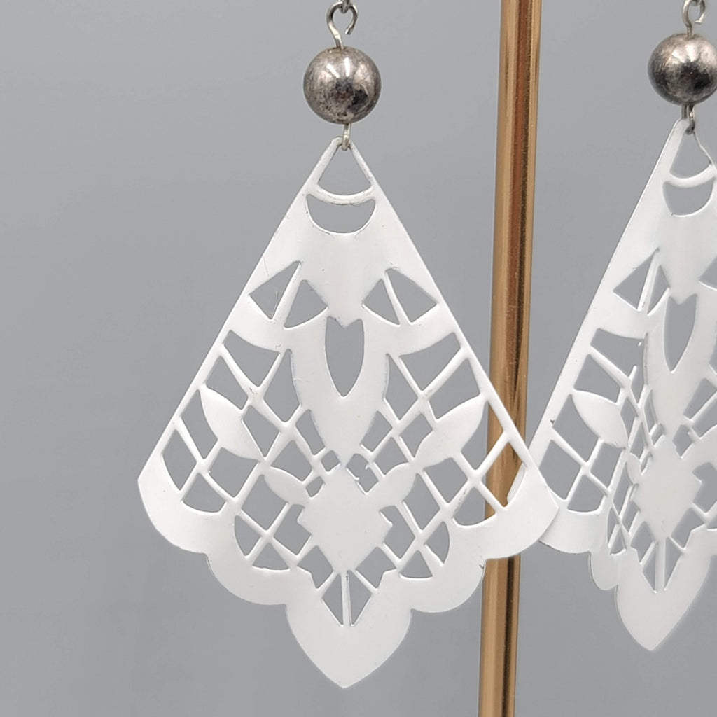 Large White Enamel Pierced Earrings Silver tone Dangle  2.75"