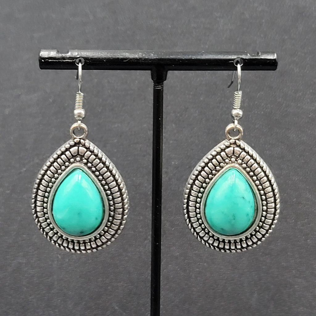 Pierced Earrings Silver tone Faux Resin Turquoise Blue Teardrop Dangle 1 3/8"