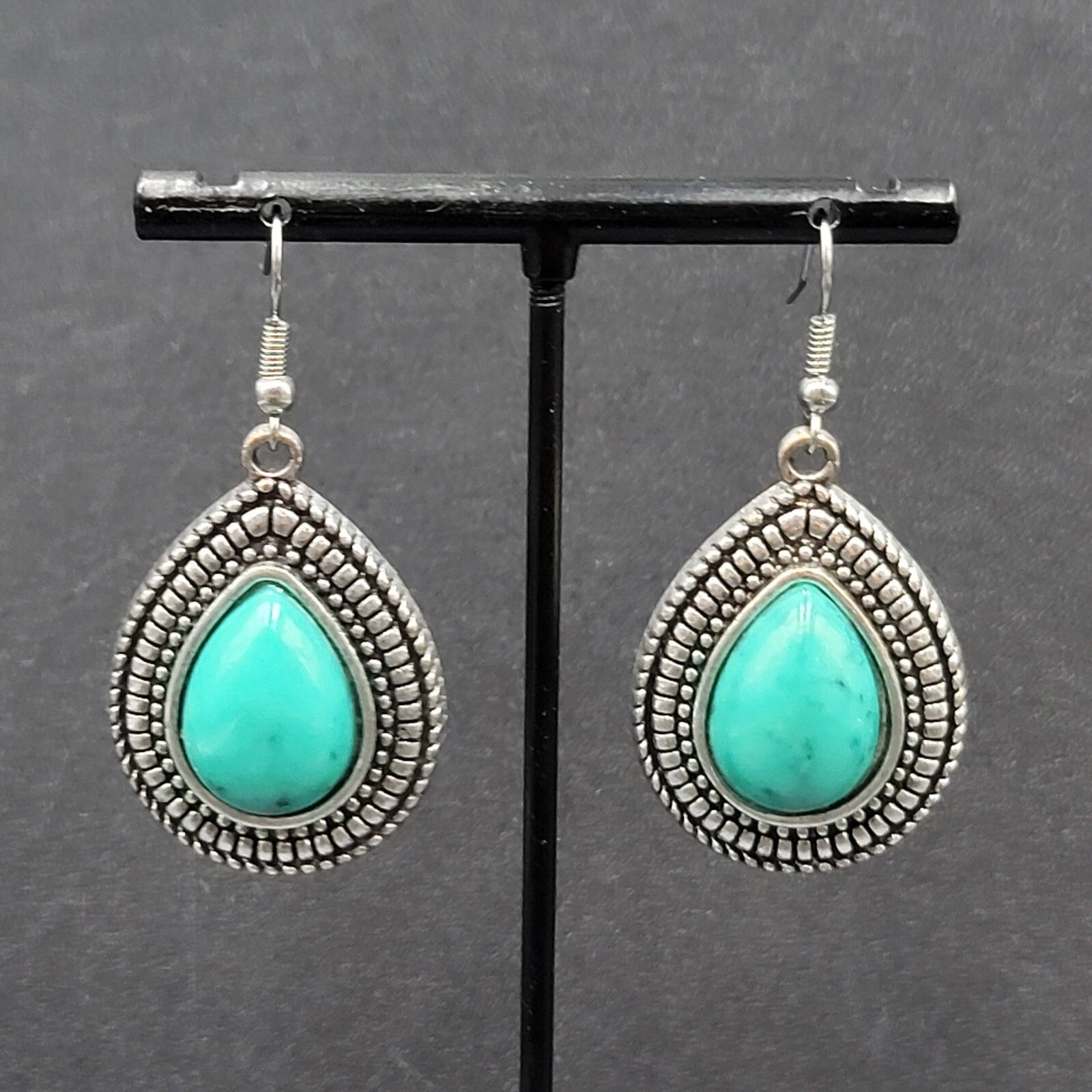Pierced Earrings Silver tone Faux Resin Turquoise Blue Teardrop Dangle 1 3/8"