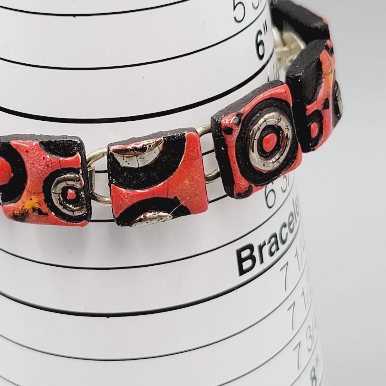 Vintage Artisan Link Bracelet Red Polymer Geometric Squares Silver Tone 7"