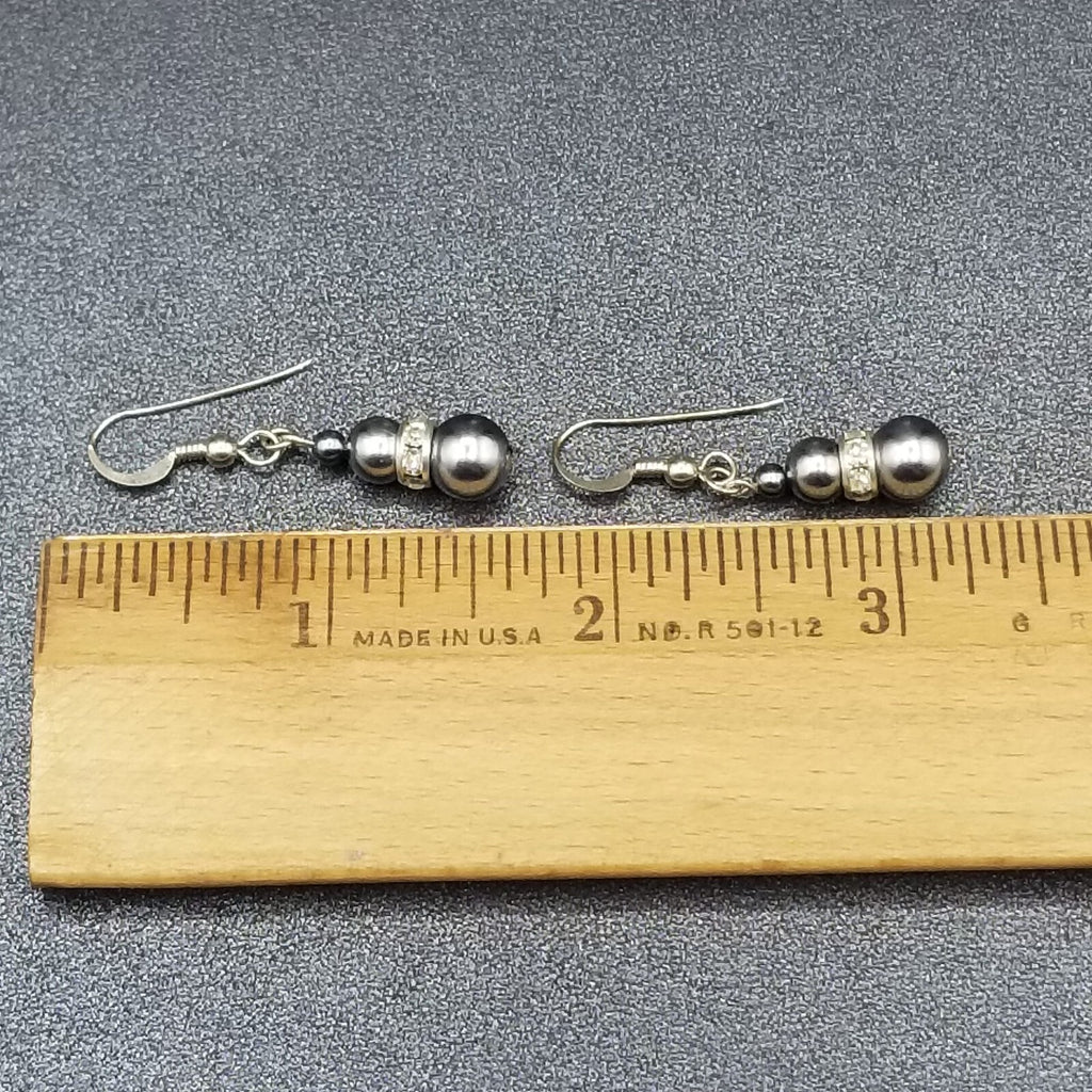 Pierced Earrings Silver tone Blue Faux Pearl Beaded Dangle  3/4"