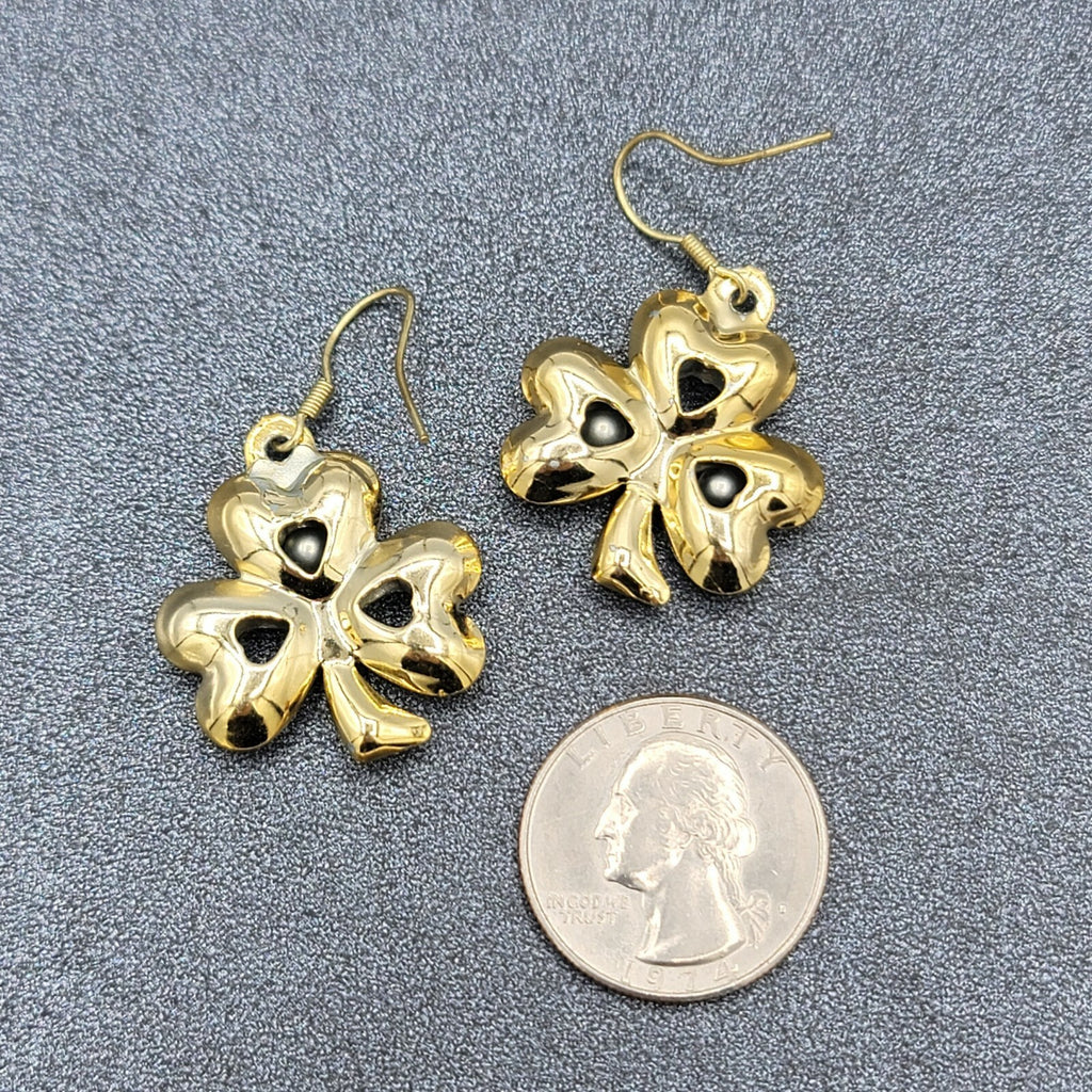 Clover Dangle Hook Dangle Pierced Earrings Jingle Bell Gold tone St Patricks Day