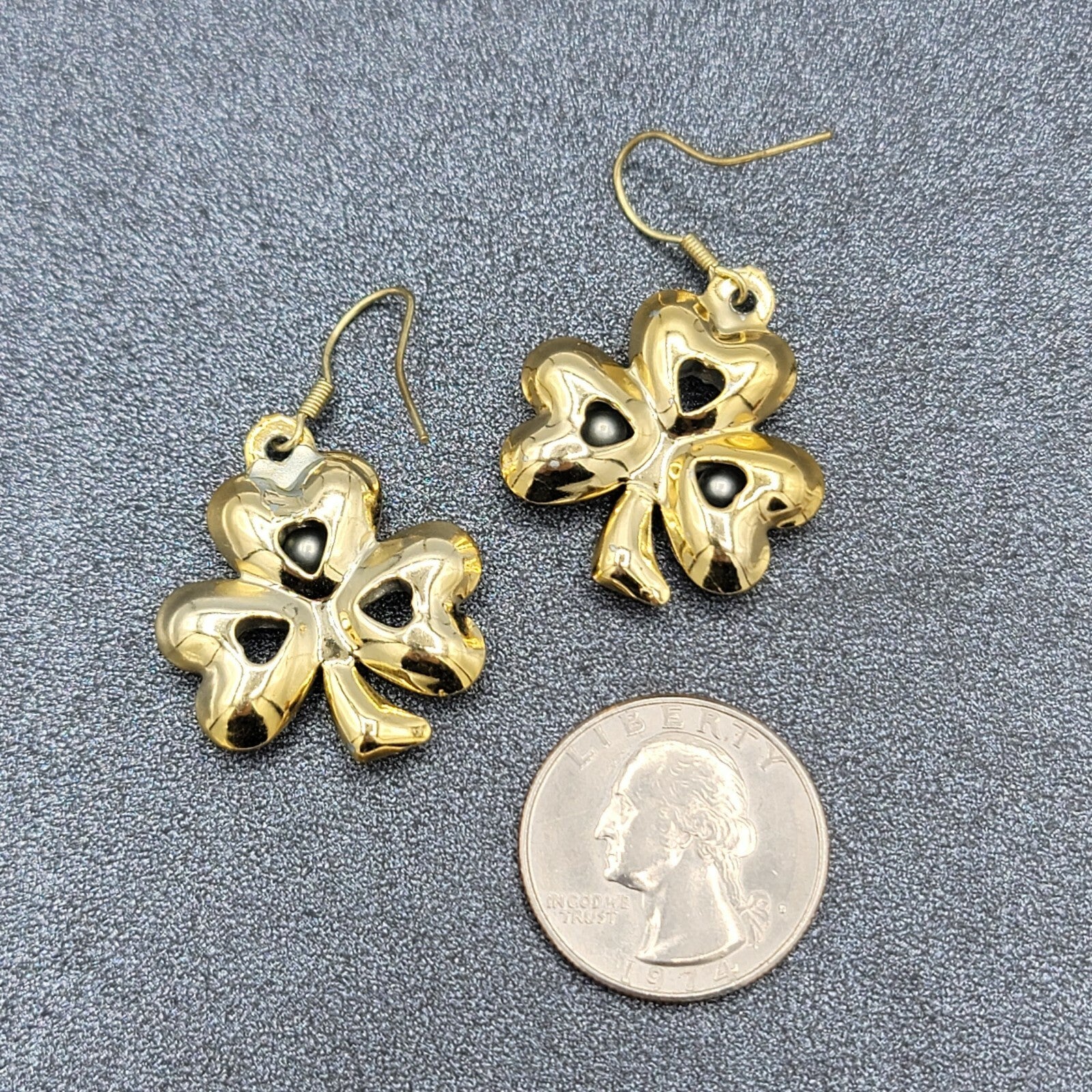 Clover Dangle Hook Dangle Pierced Earrings Jingle Bell Gold tone St Patricks Day