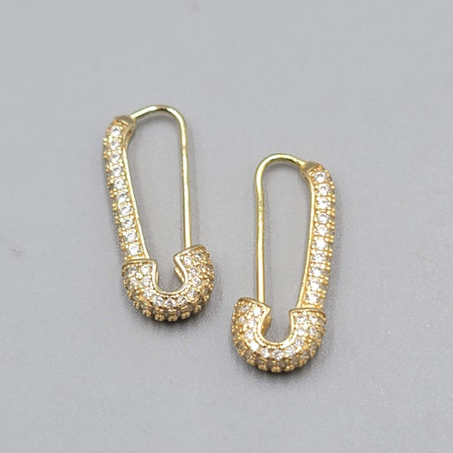 Crystal Studded Safety Pin Sterling Silver Gold Vermeil Pierced Earrings 7/8"