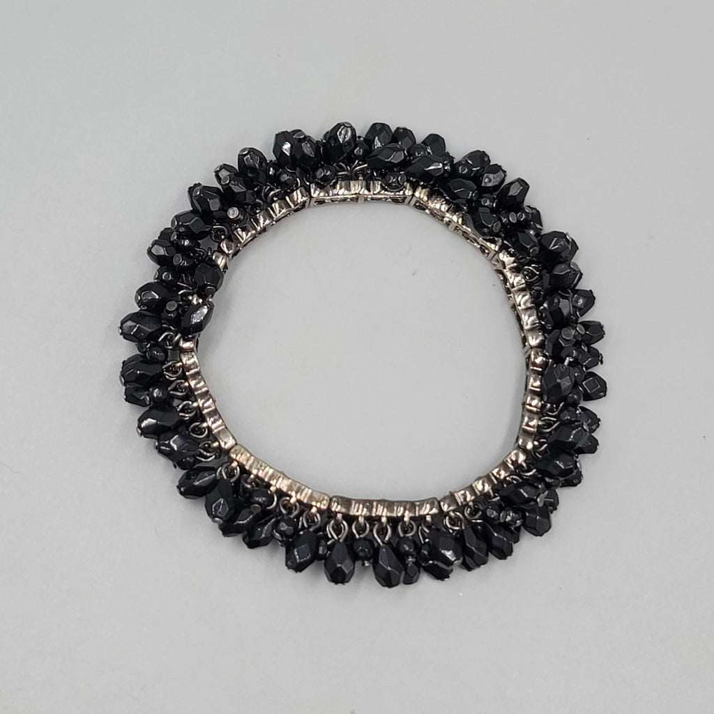Black Glass Cluster Dangle Bead Bracelet Silver tone Elastic 6.75"