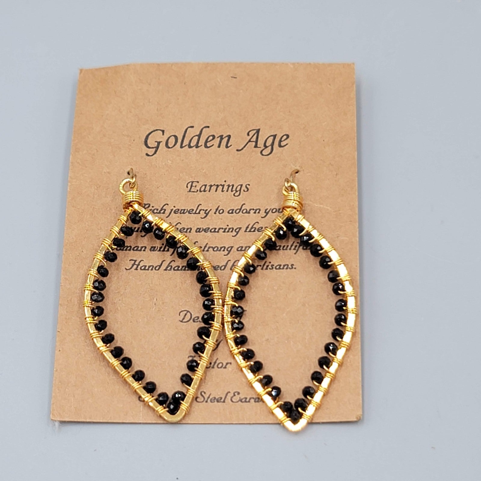 Golden Age Pierced Earrings Gold Wire Leaf Shape Black Bead Handmade Artisan