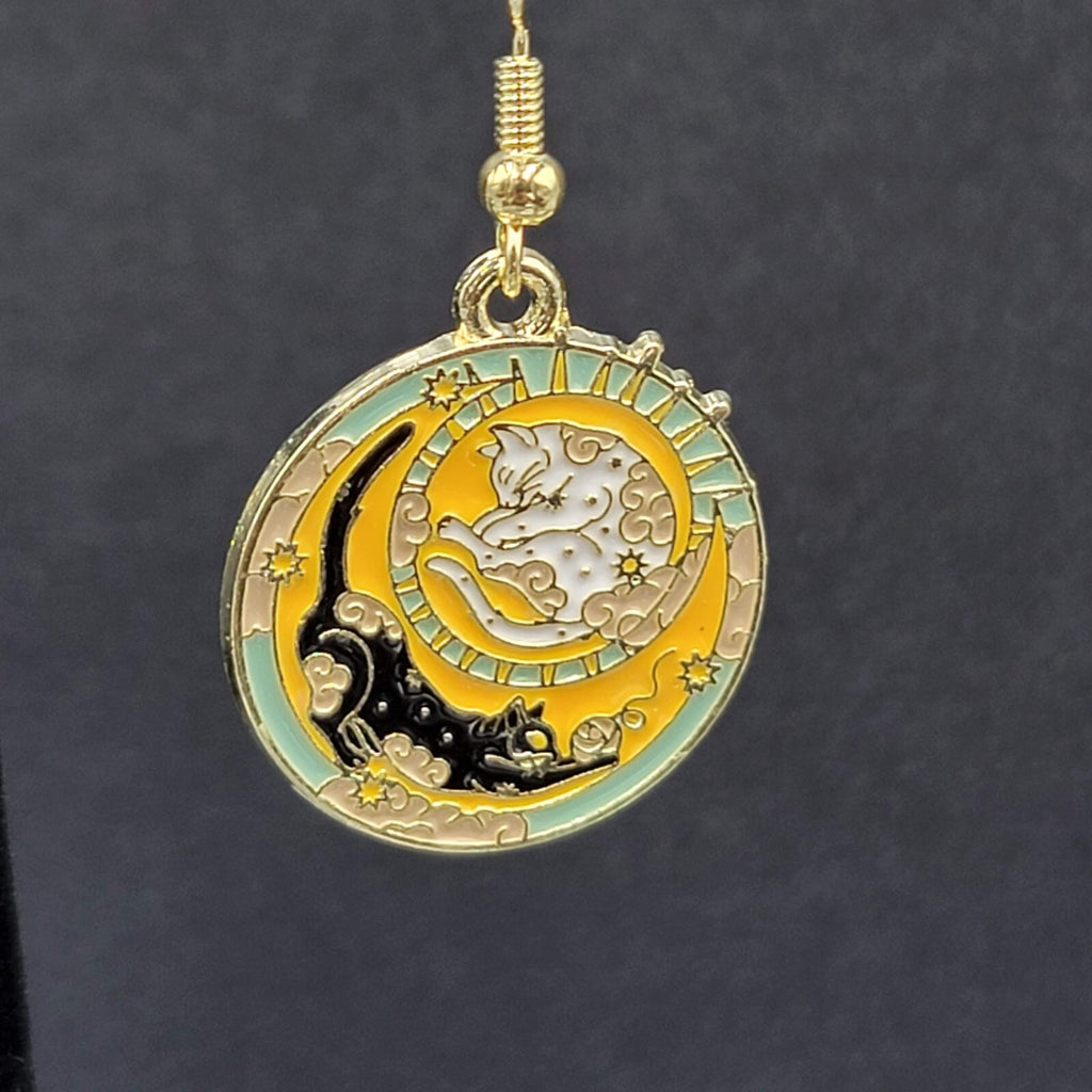 Pierced Earrings Gold tone Enamel Black Cat White Cat Sun Moon Dangle 1"