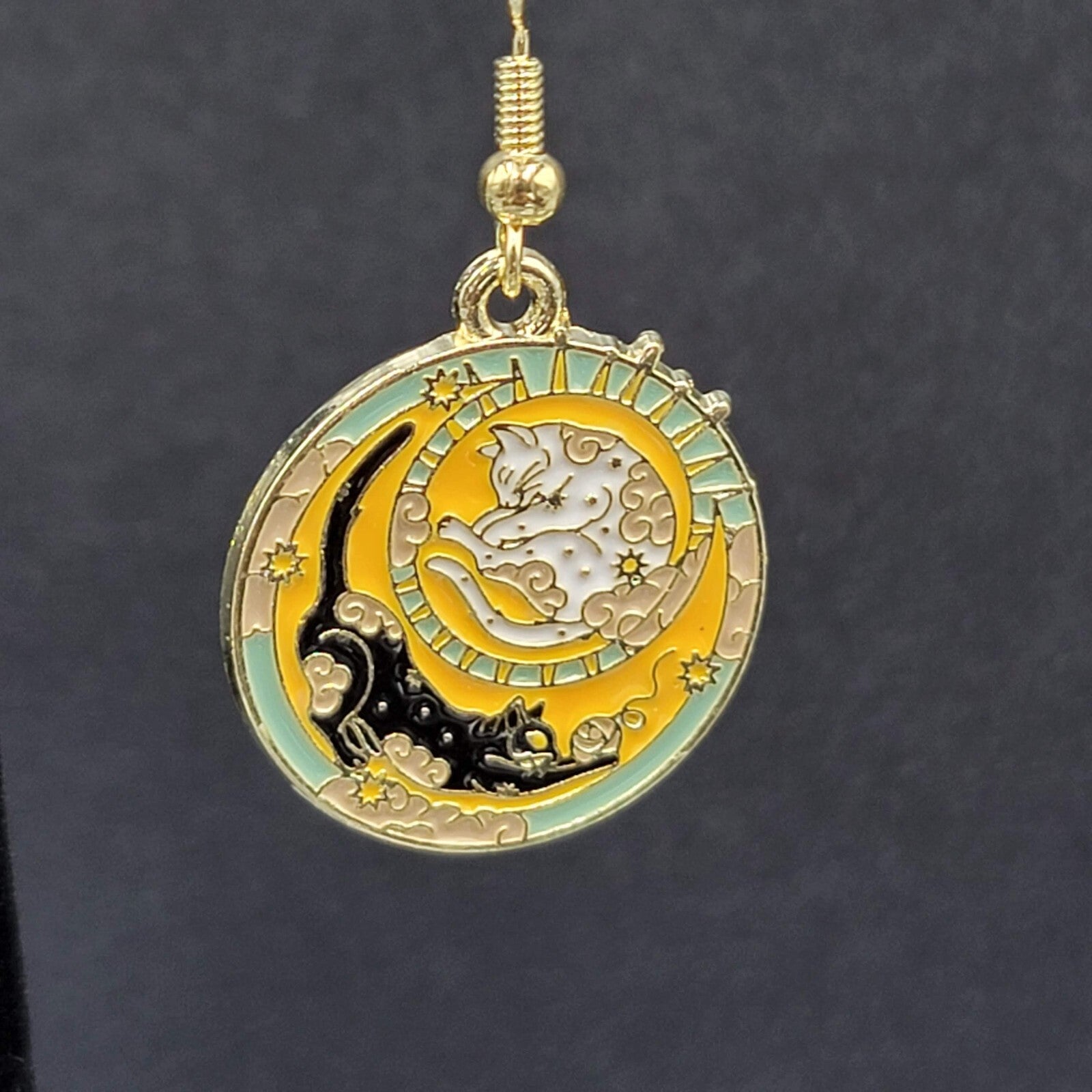 Pierced Earrings Gold tone Enamel Black Cat White Cat Sun Moon Dangle 1"