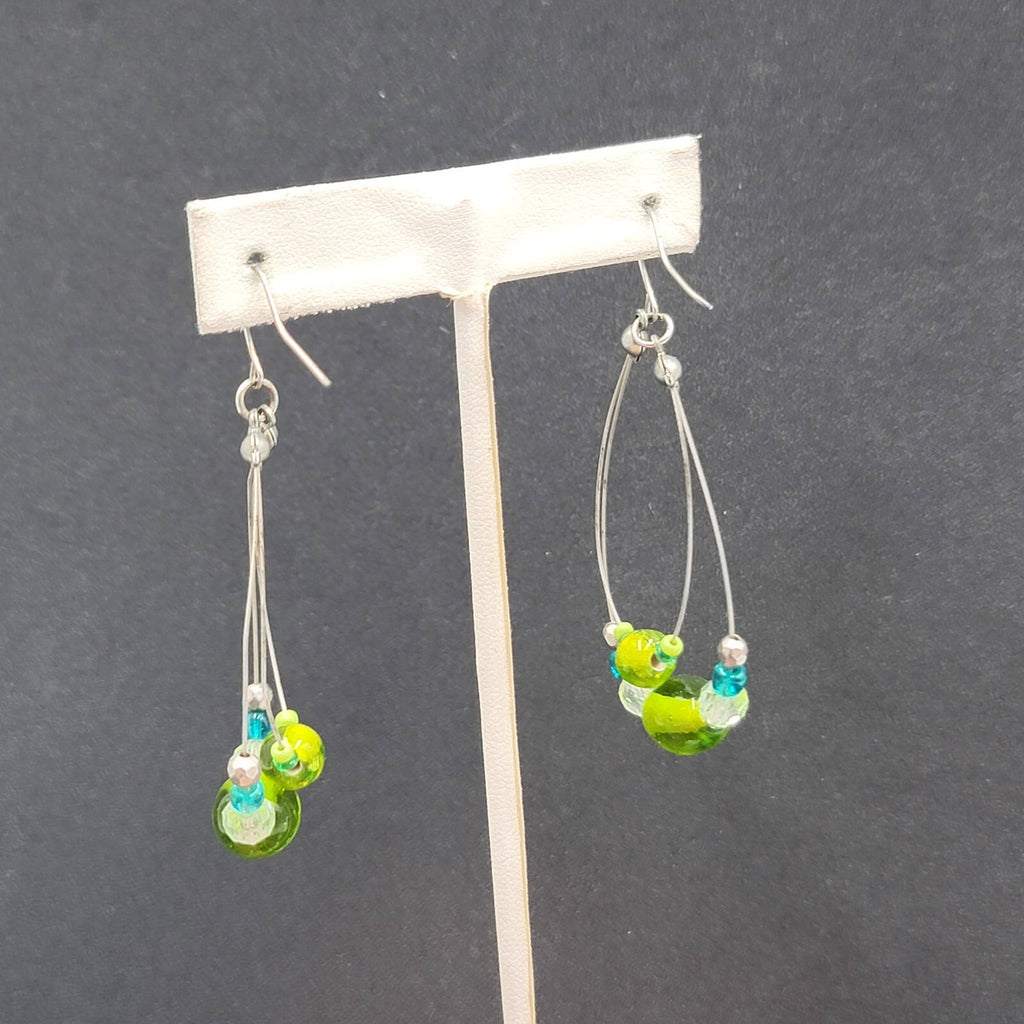 Pierced Earrings Silver tone Green Blue Glass Beads Statement Hoops 2 1/8"