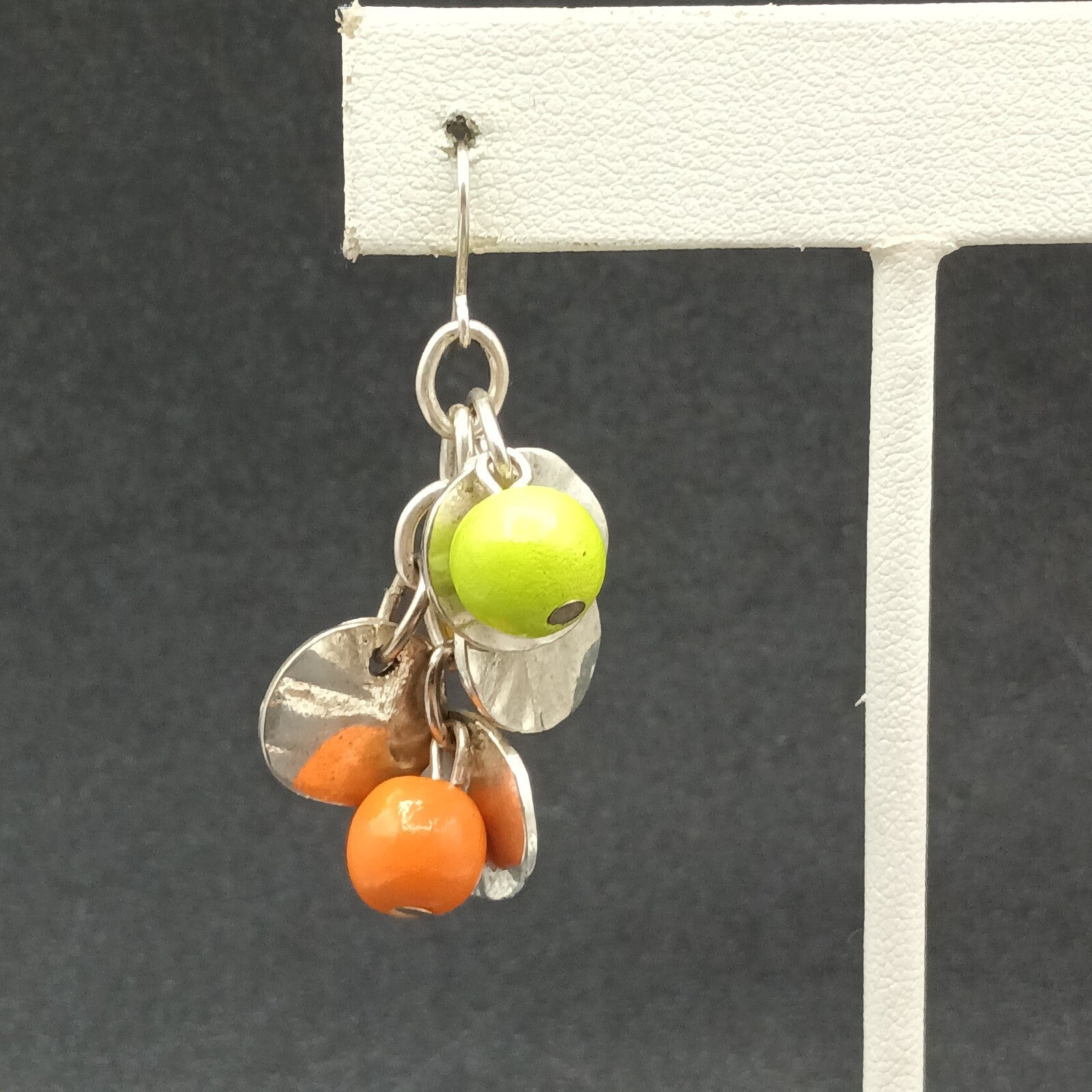 Pierced Earrings Silver tone Chain Hammer Disk Multicolor Bead Dangle 1 3/8"