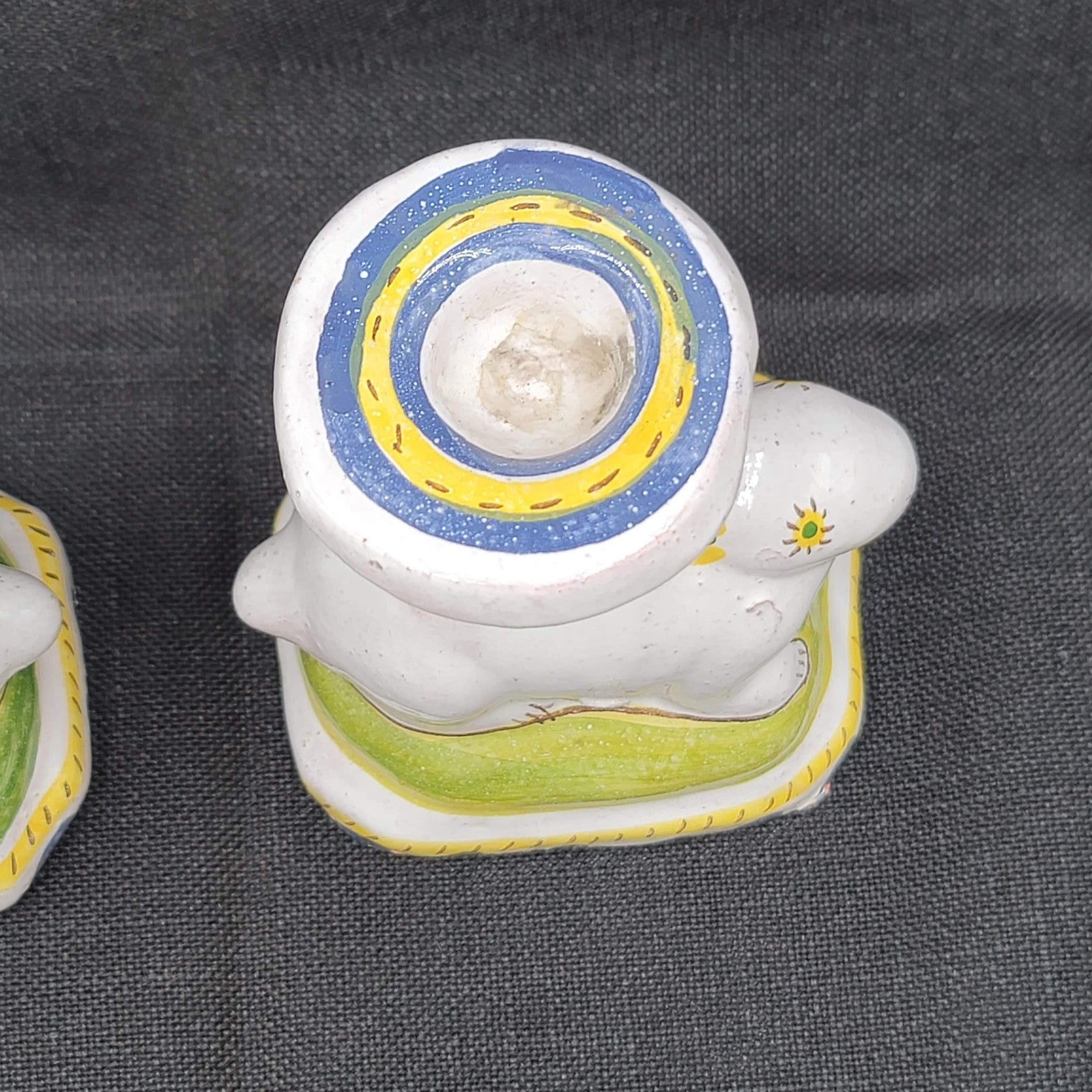 Vintage Portugal Bunny Rabbit Candlestick Holders Hand Painted Ceramic Set Pair