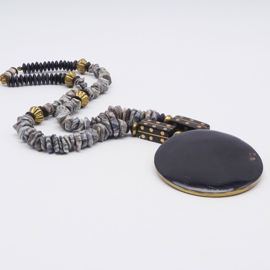 Boho Ethnic Necklace Gray Stone Beads Enamel Brass Inlay Pendant 24"