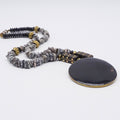Boho Ethnic Necklace Gray Stone Beads Enamel Brass Inlay Pendant 24"
