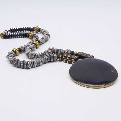 Boho Ethnic Necklace Gray Stone Beads Enamel Brass Inlay Pendant 24"