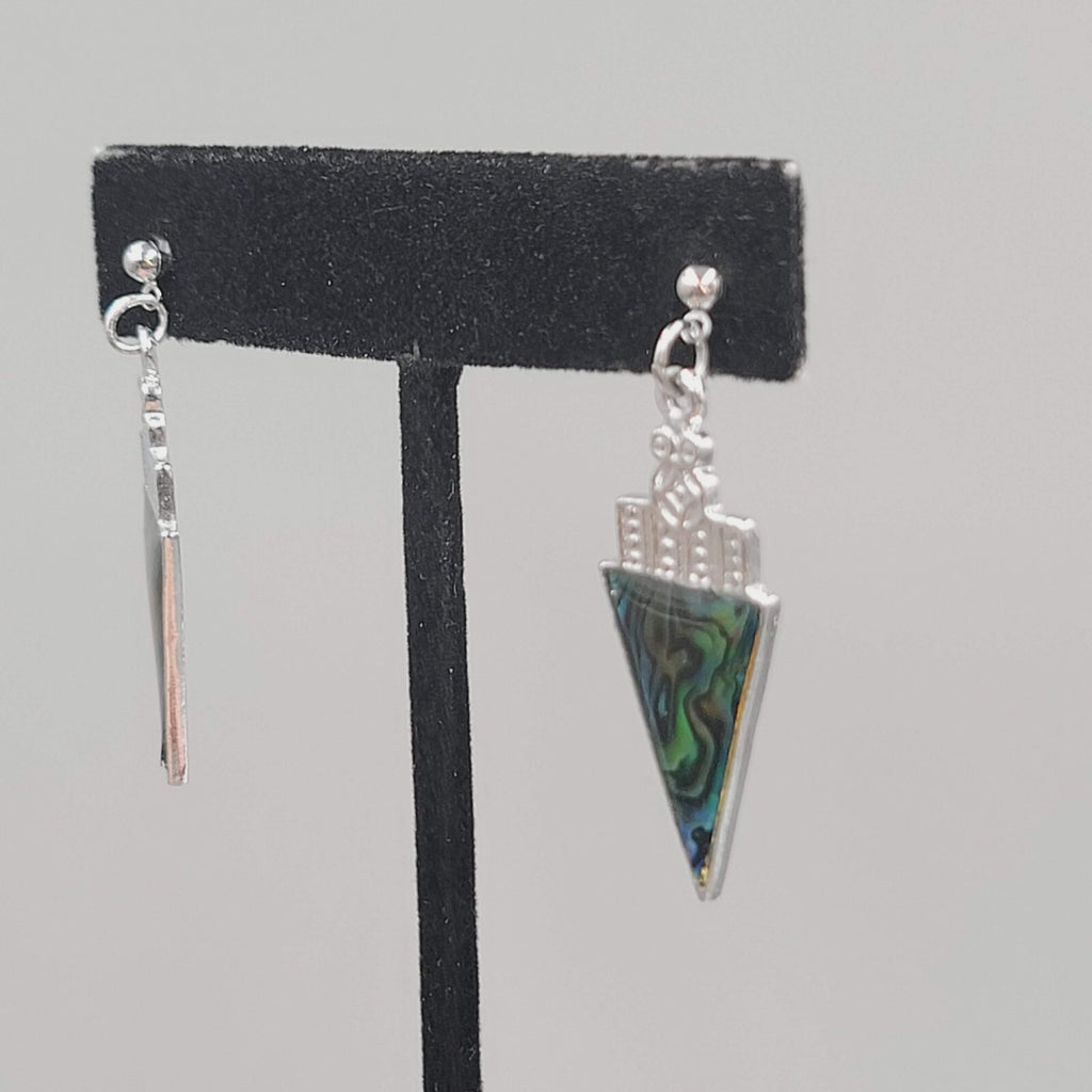 Pierced Earrings Faux Abalone Silver tone Triangle Dangle  1 3/8"