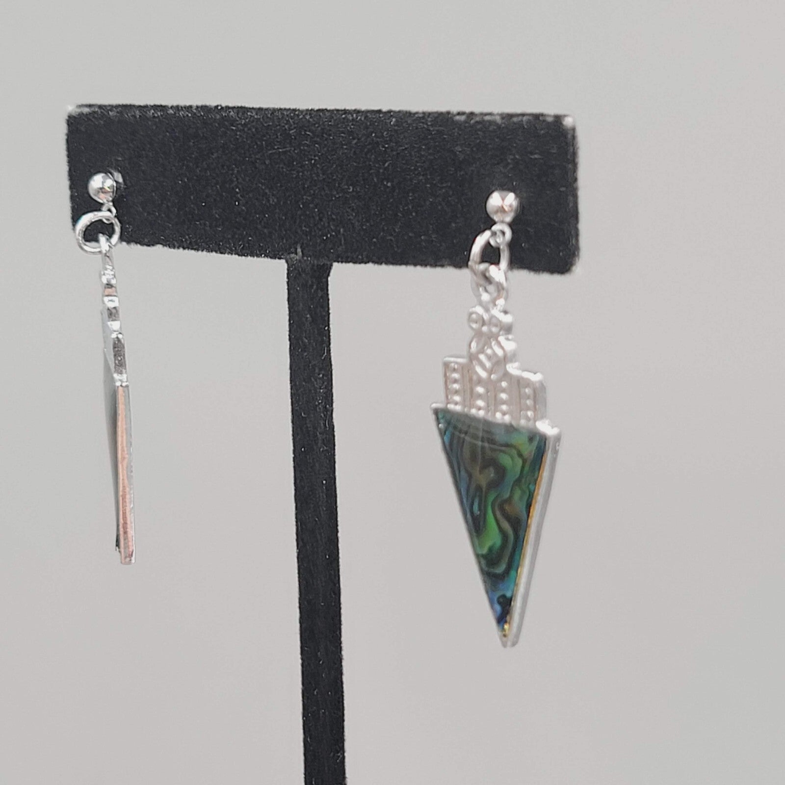 Pierced Earrings Faux Abalone Silver tone Triangle Dangle  1 3/8"
