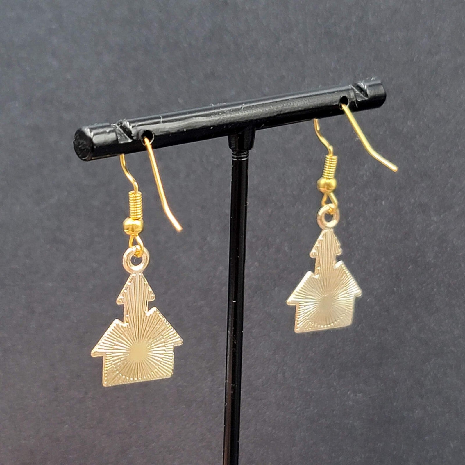 New Halloween House Pierced Earrings Purple Orange Enamel Gold tone Dangle 7/8"