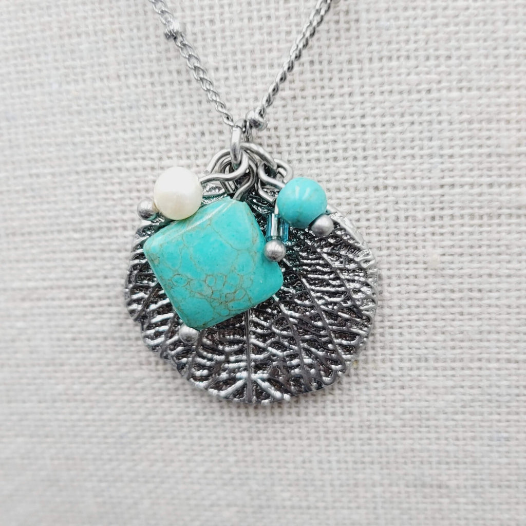 Lia Sophia Necklace Silver tone Leaf Pendant Dyed Blue Howlite Stone 16"-18"