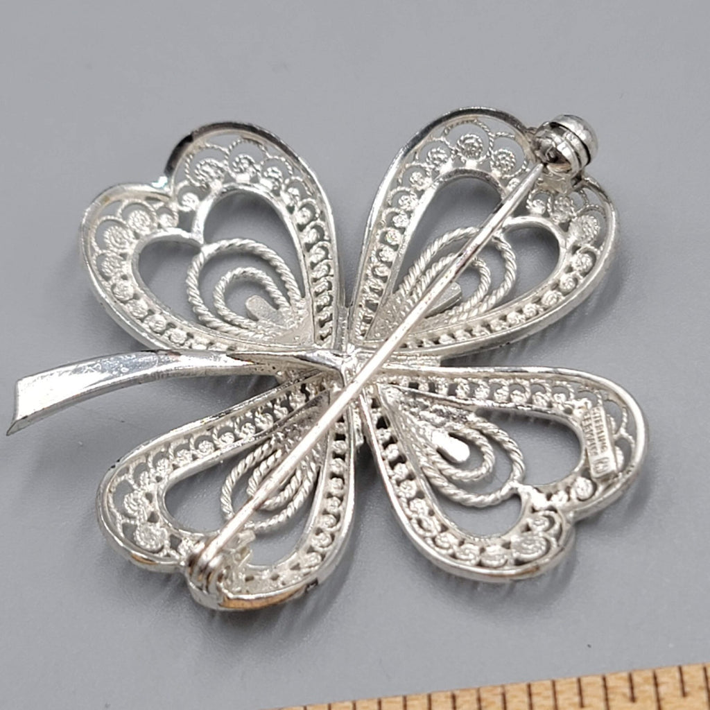 Vintage Sterling Silver Shamrock Filigree Brooch Germany 1 5/8"