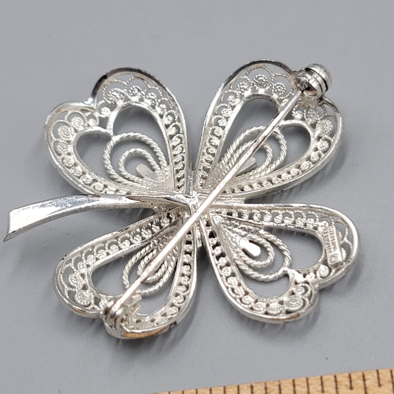 Vintage Sterling Silver Shamrock Filigree Brooch Germany 1 5/8"
