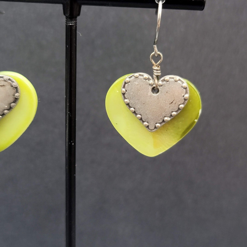 Vintage Heart Pierced Earrings Green Shell Silver tone Layered Dangle 3/4"