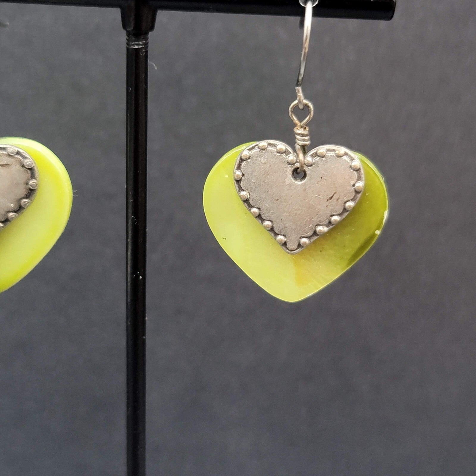 Vintage Heart Pierced Earrings Green Shell Silver tone Layered Dangle 3/4"
