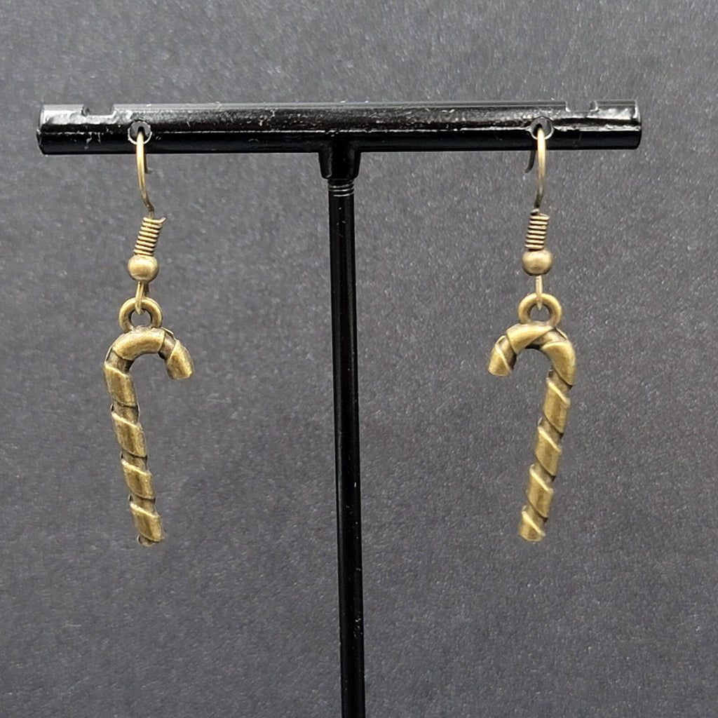 Candy Cane Pierced Earrings Embossed Bronze tone Dangle 1"