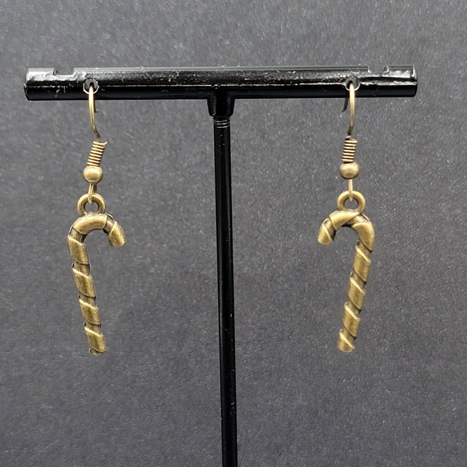 Candy Cane Pierced Earrings Embossed Bronze tone Dangle 1"