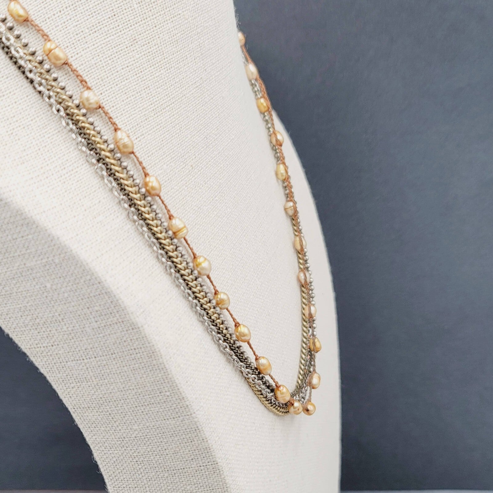 Premier Designs Layered Necklace  Freshwater Pearl Gold Tone Beads 18"-21"
