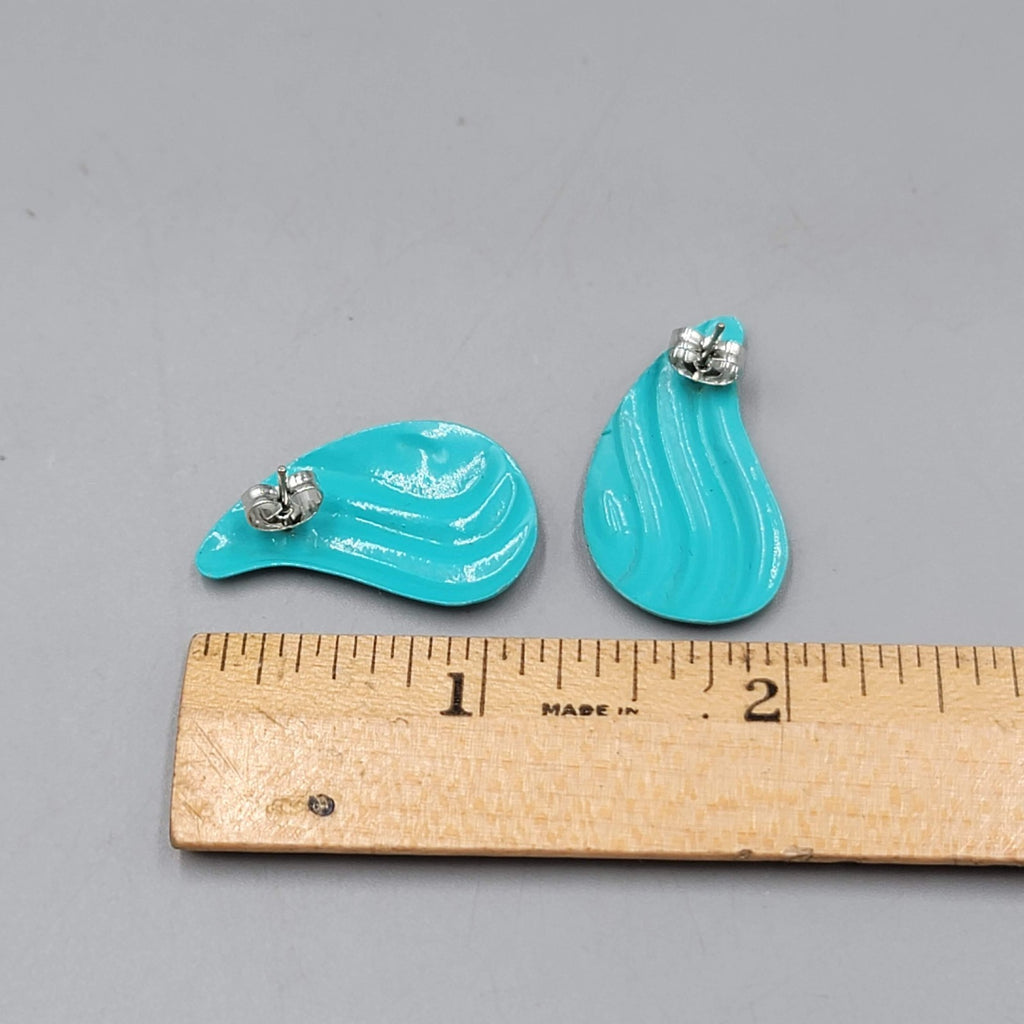 Vintage Teal Blue Enamel Pierced Earrings Wavy Tear Drop 1 1/8 in