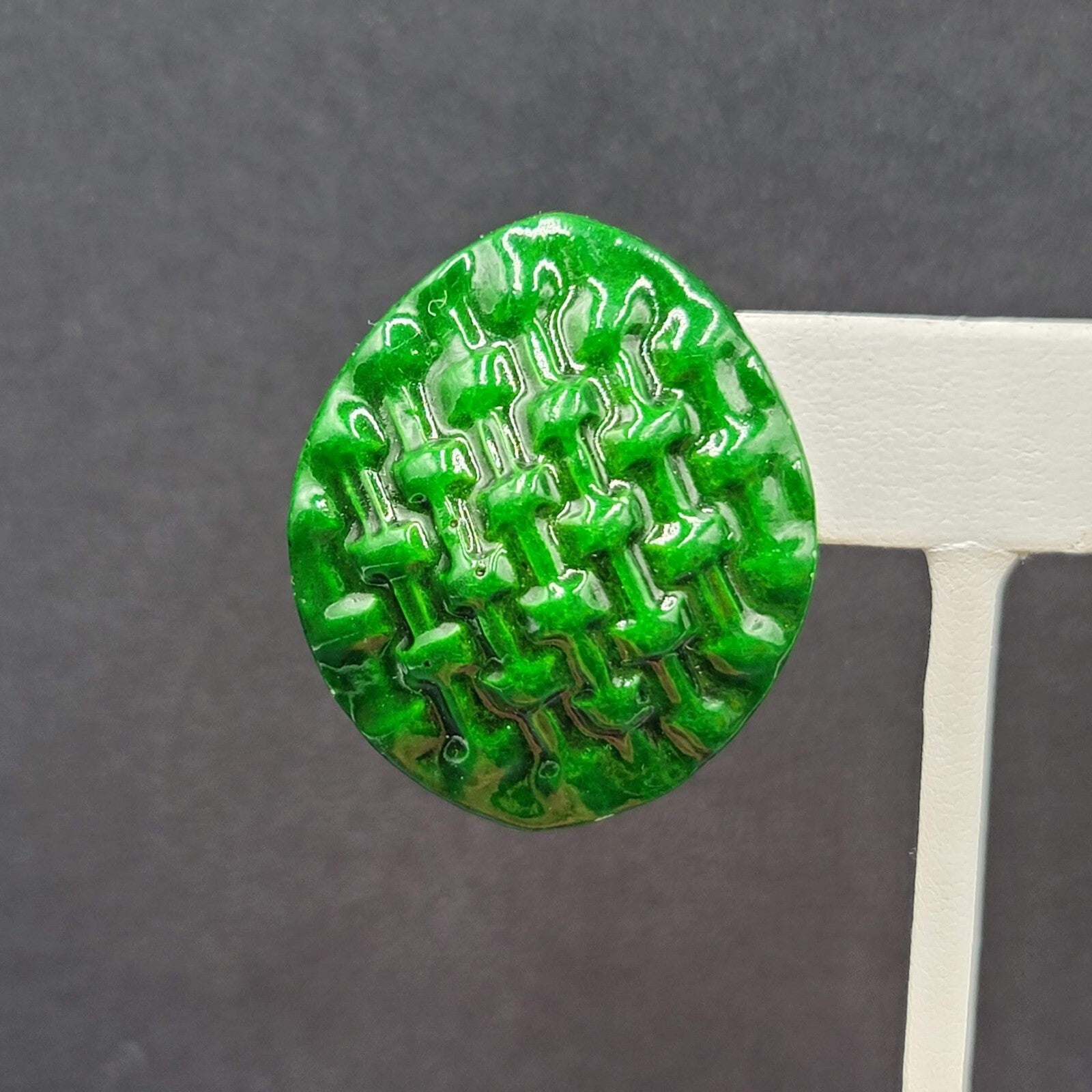 Vintage Pierced Earrings Dark Green Weave Pattern  1.5"