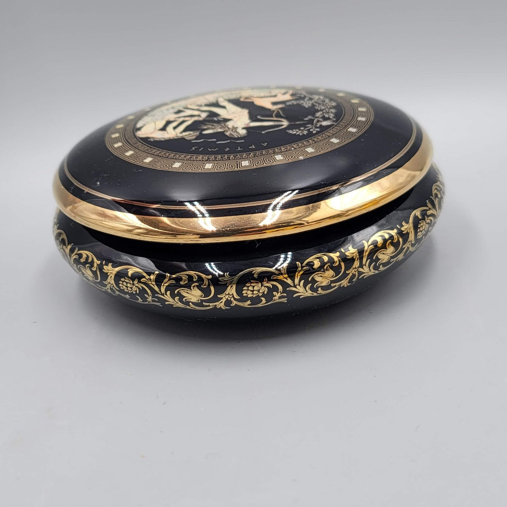 Fintias Greek Ceramic Lidded Trinket Jewelry Box Artemis Black 24K Gold Handmade