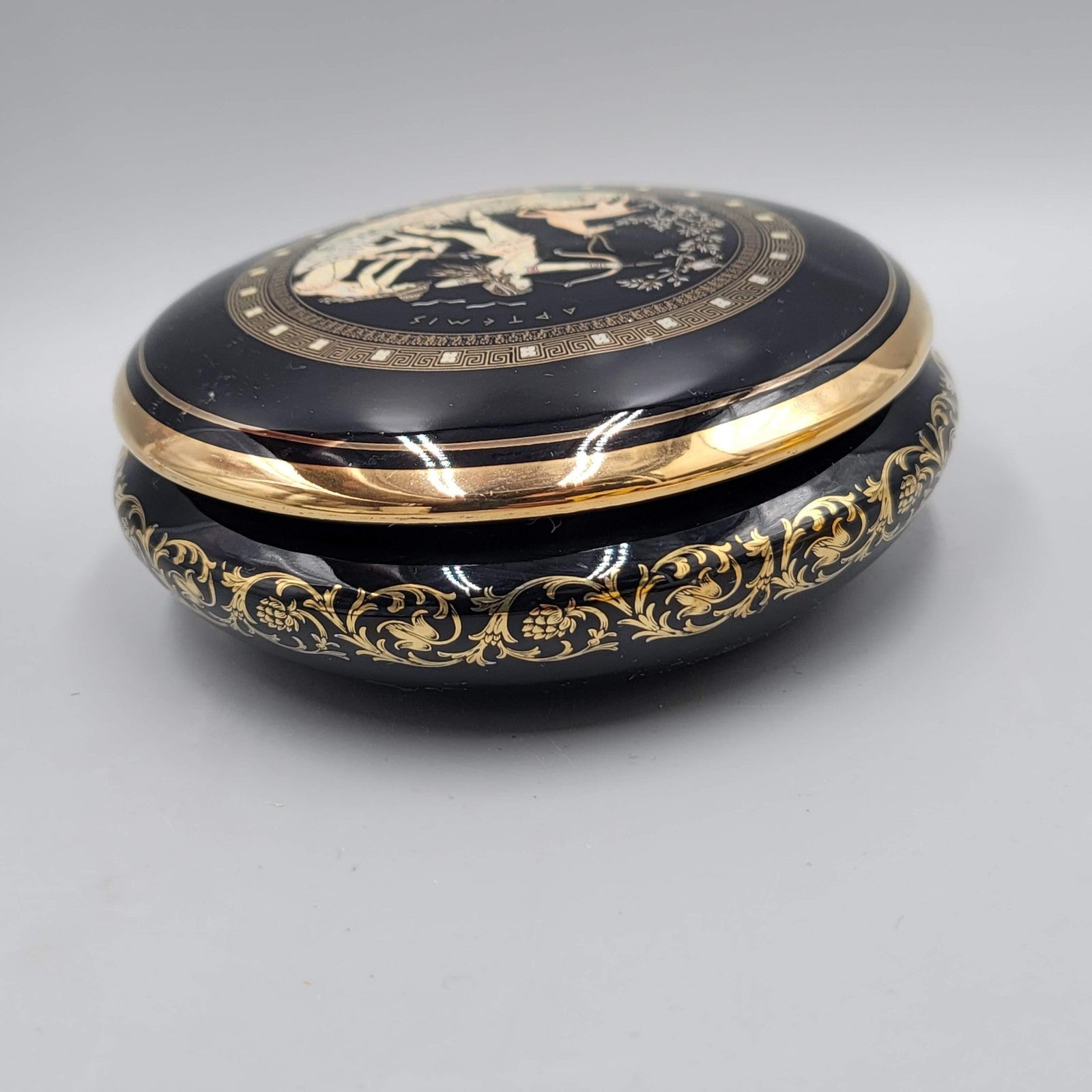 Fintias Greek Ceramic Lidded Trinket Jewelry Box Artemis Black 24K Gold Handmade