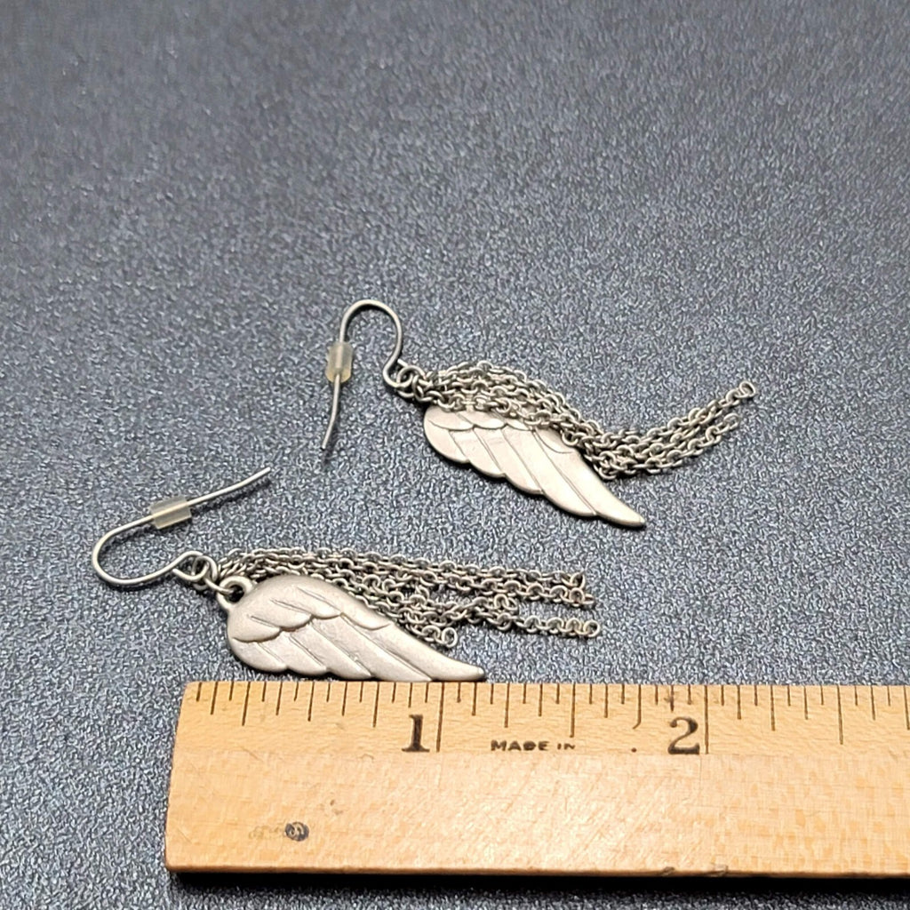 Pierced Earrings Matte Silver tone Angel Wings Dangle Chains 1.75"