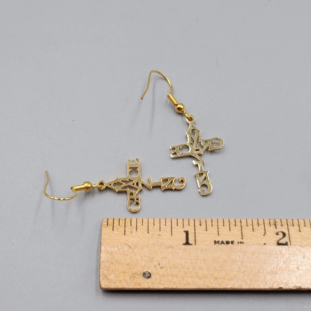 Amazing Grace Cross Pierced Earrings Gold tone Dangle 1"