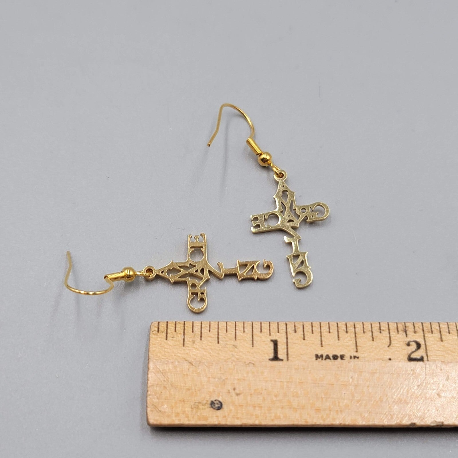 Amazing Grace Cross Pierced Earrings Gold tone Dangle 1"