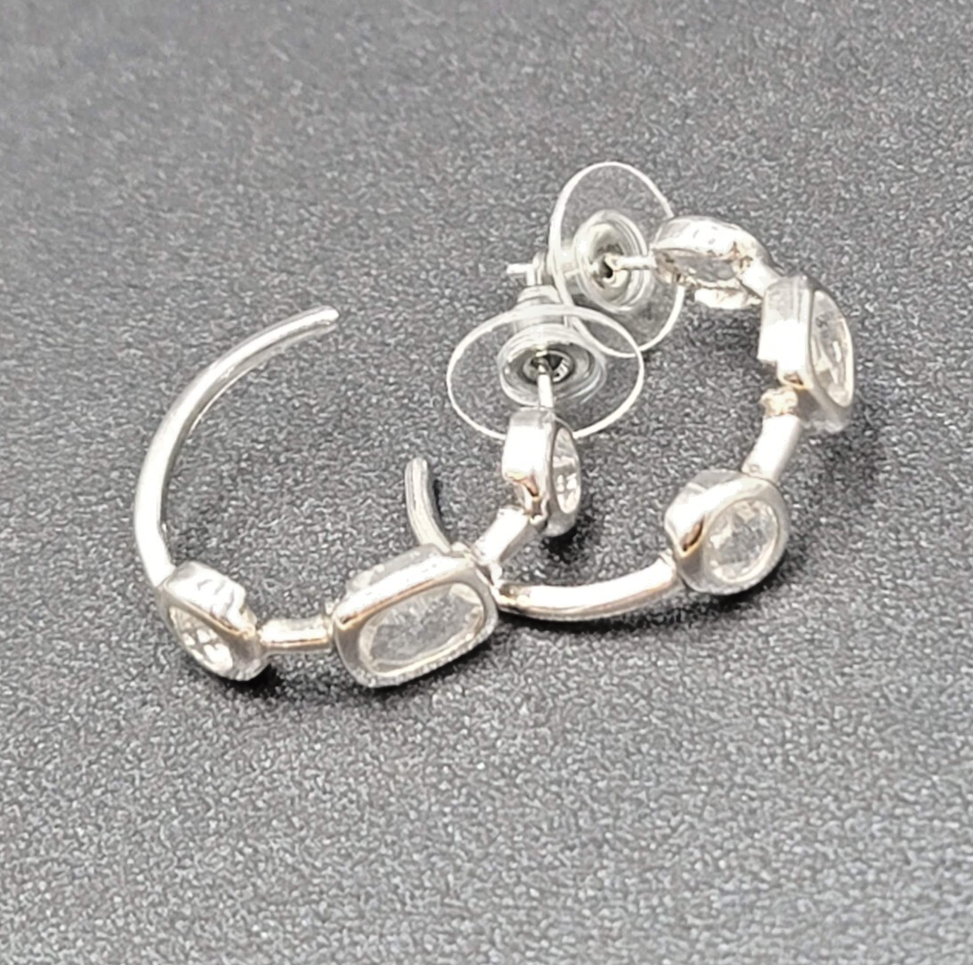 Pierced Earrings Silver Plated Crystal Hoops Dangle 1"
