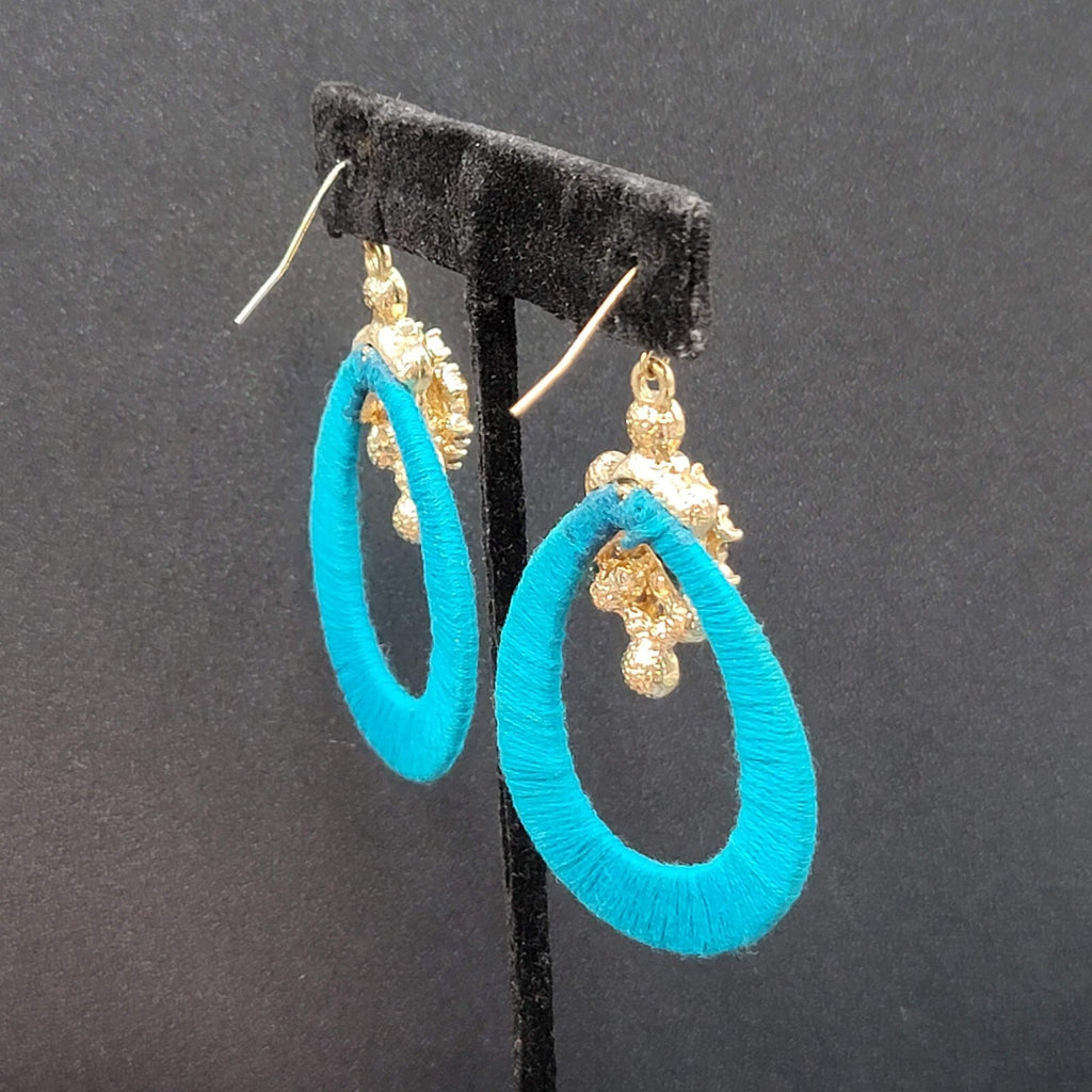 Pierced Earrings Gold tone Yellow Rhinestone Blue String Wrapped Hoops 2.25"
