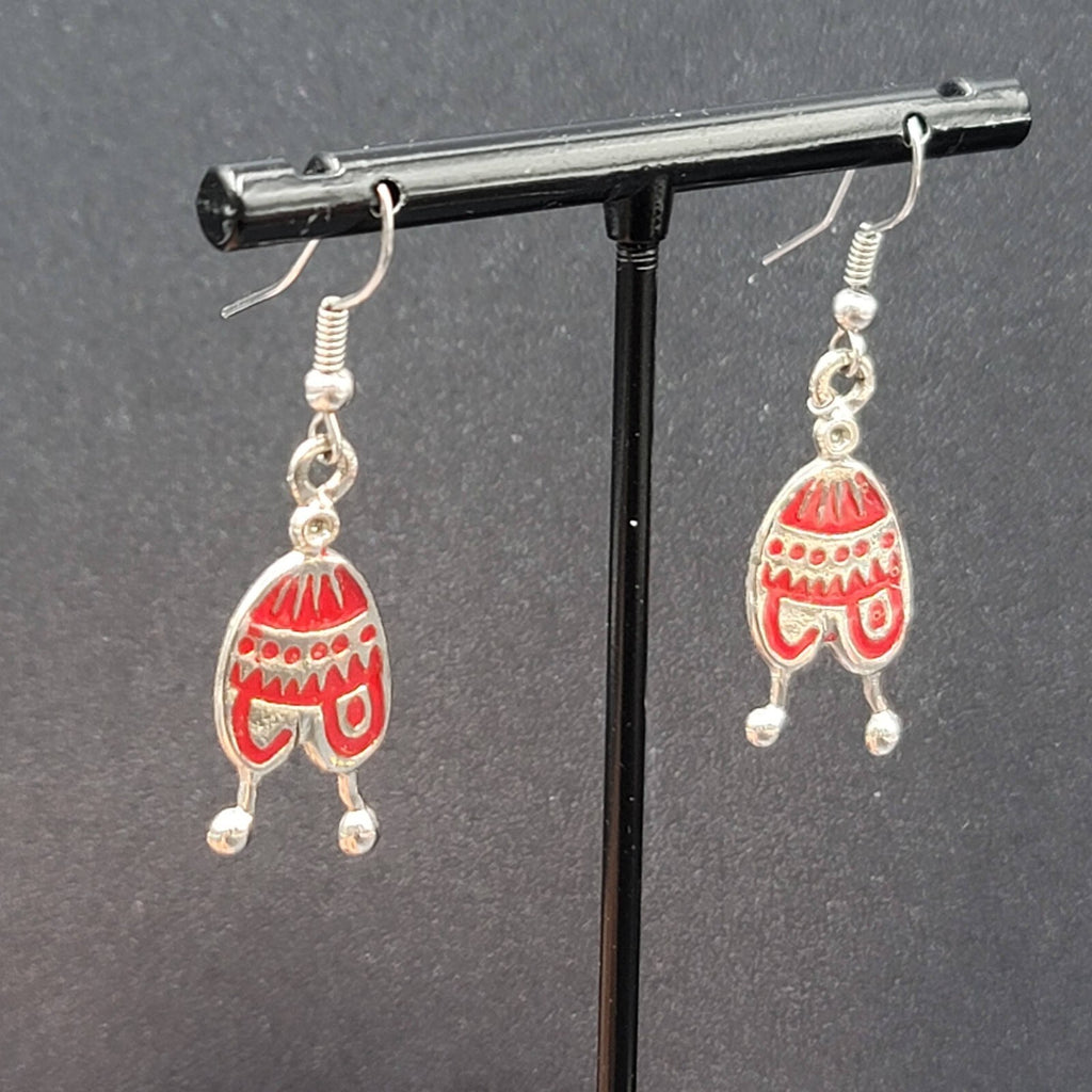 Pierced Earrings Silver tone Red Enamel Winter Hat Dangle 1 1/8"