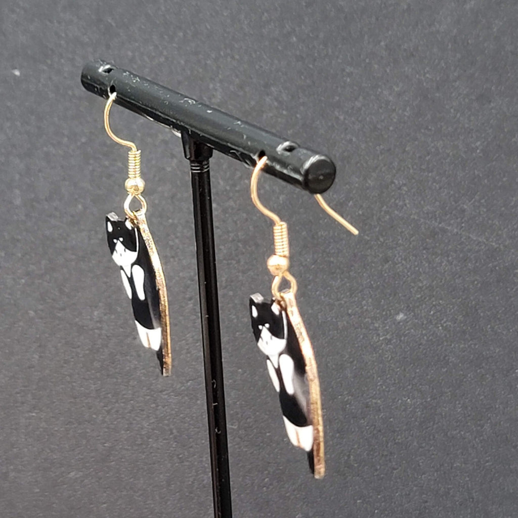 Kitty Cat Pierced Earrings Gold tone Black White Tuxedo Kitten Hanging Dangle 1"