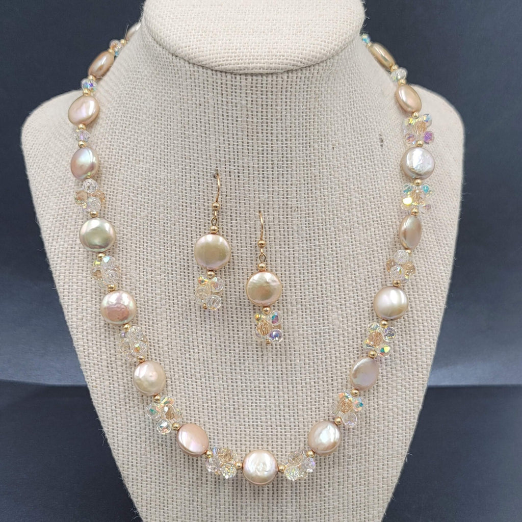 Pearl and Crystal Bead Necklace Pierced Earring Set