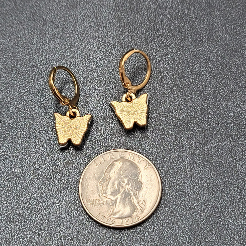 New Pierced Earrings Gold tone Gray Resin Butterfly Dangle Huggie Hoops 1/2"