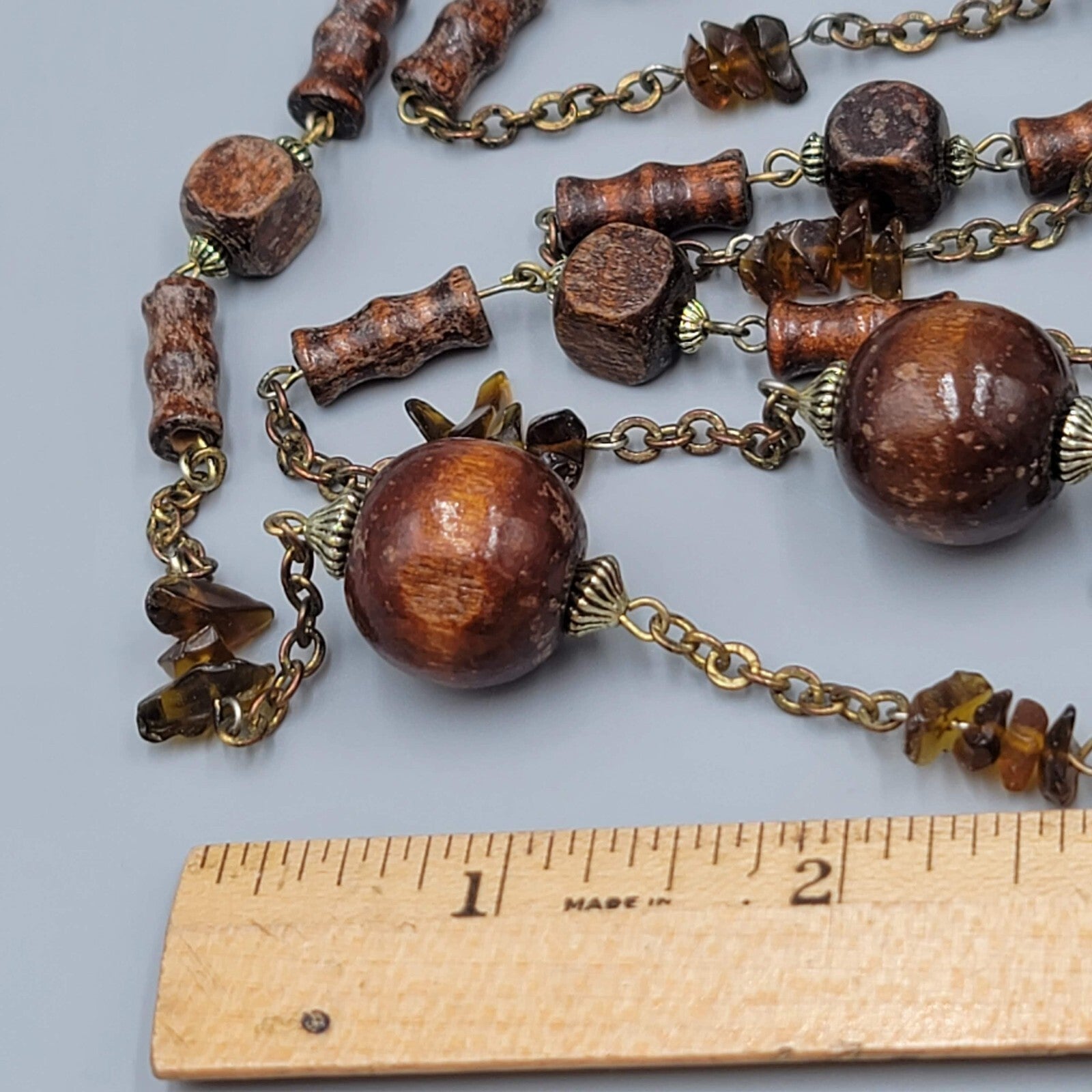 Vintage Wood Bead Necklace Amber Chip Extra Long 72"