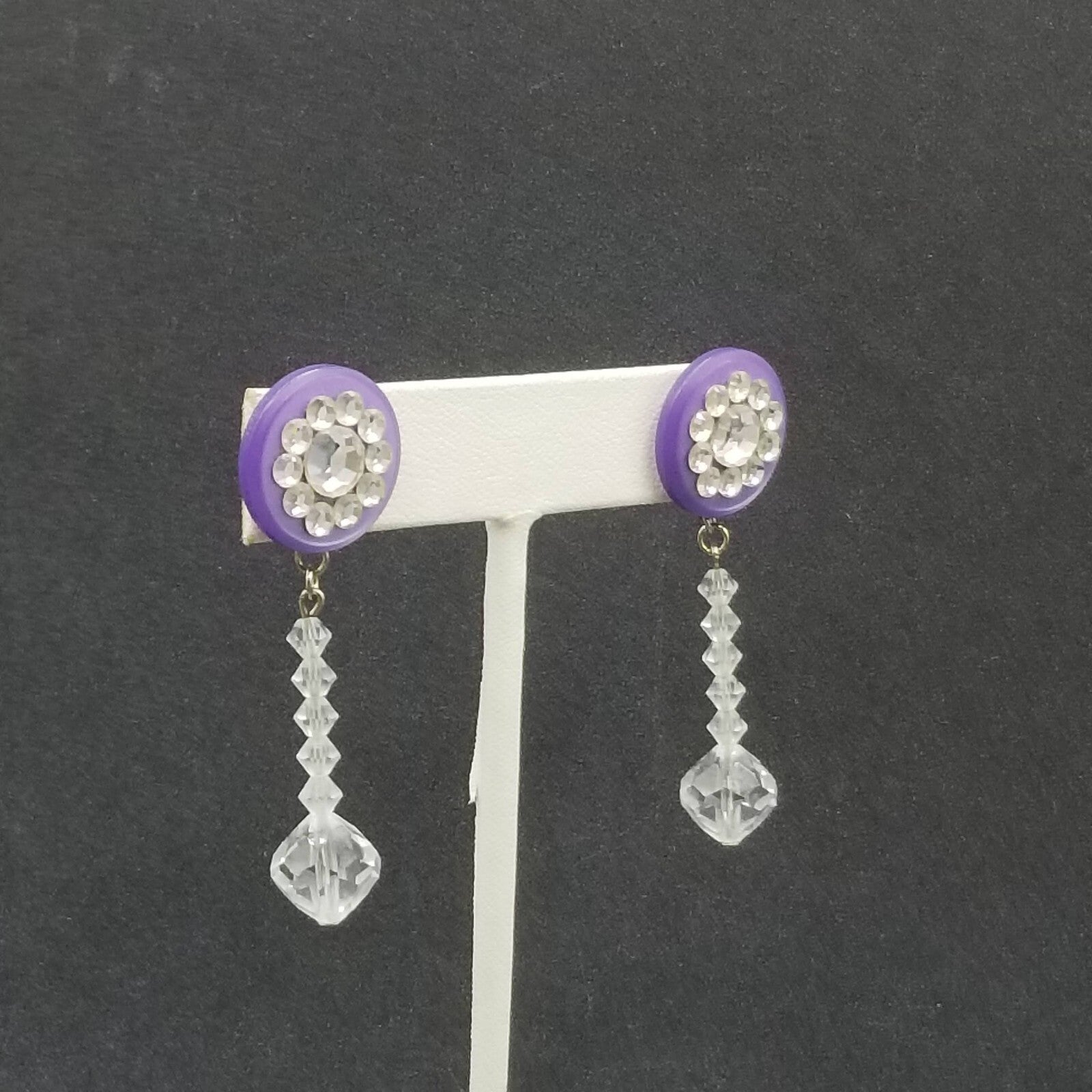 Pierced Earrings Purple Button Crystal Faceted Bead Statement Dangle 2"