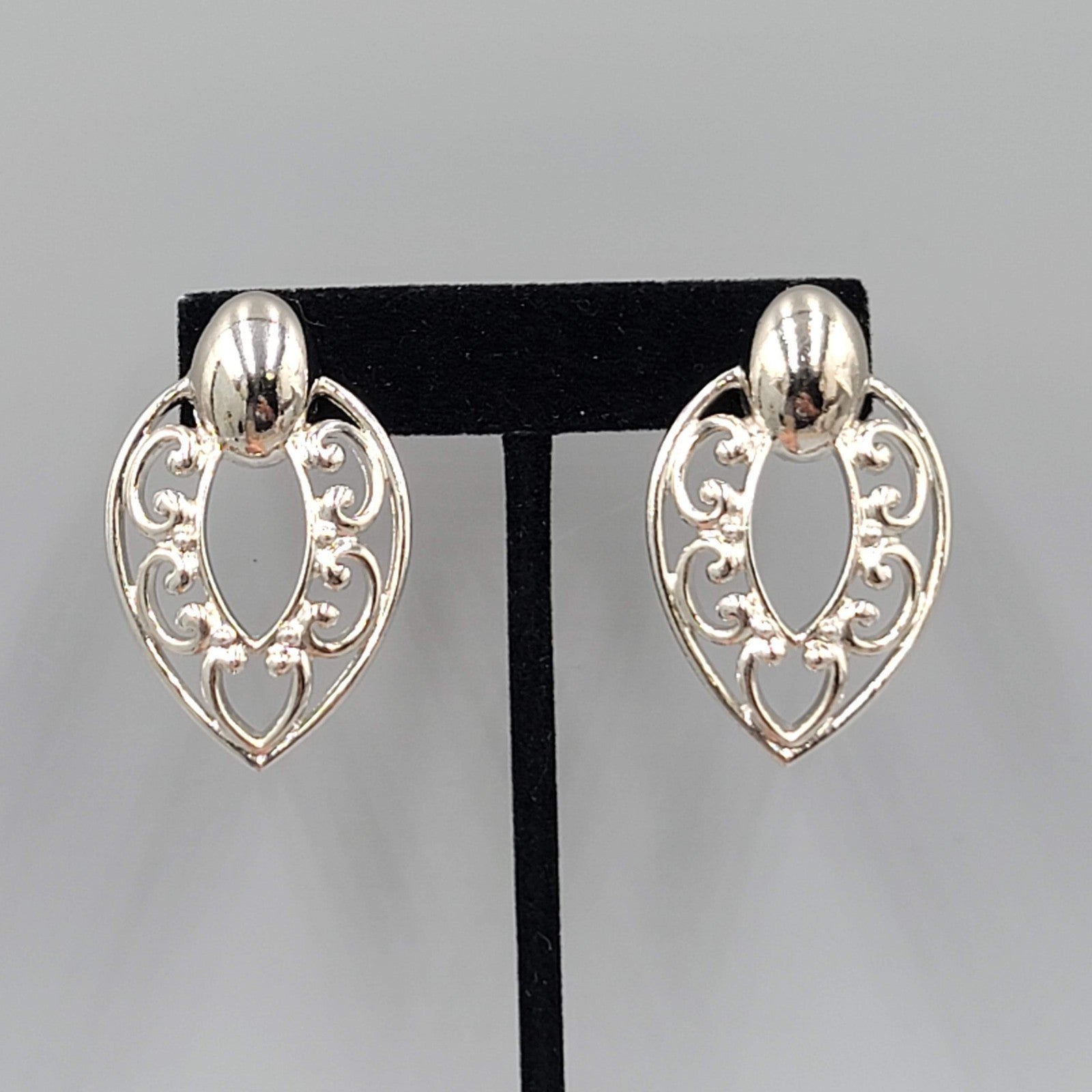 Vintage Silver Plated Door Knocker Drop Pierced Earrings Open Work 1.75"